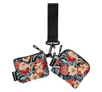 Monedero retro con diseño de granadas rojas y flores rojas para mujer, tarjetero, monedero con cremallera para mujer, 2 paquetes, Patrón retro de granadas rojas y flores rojas, 1 size, Art Deco