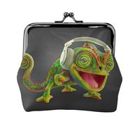 Monedero vintage para mujer, diseño de camaleón y escucha música, ligero de piel sintética, mini cartera para monedas y tarjetas
