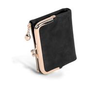 Monederos de cuero para mujer, cartera compacta con cierre de cremallera, cartera plegable para mujer con múltiples ranuras para tarjetas, Black