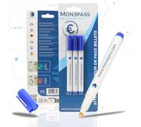 Monepass - Juego de 3 bolígrafos especiales detectores de billetes falsos en euros - Nuevo modelo dedicado al euro para una mayor eficiencia. Detección de billetes falsos