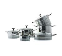 Moneta Accordo Inox Juego de 10 Cacerolas y Cazos, Revestimiento Exterior de Acero Inoxidable Cepillado, Aptas para Todas las Cocinas, Aptas para el Lavavajillas, Batería de Cocina de 10 Piezas