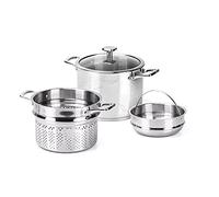 Moneta Accordo Inox Olla de Vapor con Tapa de Cristal y 2 Asas, Cesta de Vapor Doble, Revestimiento Exterior de Acero Inoxidable Cepillado, para Todas las Cocinas, Apta para el Lavavajillas, 24 cm