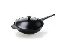 Moneta Lirica Wok con 2 Asas y con Tapa, Revestimiento Exterior Negro Satinado Antiadherente y Antiarañazos, Apta para Todo Tipo de Cocinas, Apta para el Lavavajillas, 32 cm