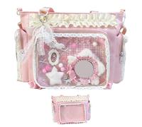 Monetais Bolso de hombro con volantes Itabag de encaje, bolso japonés Y2K Kawaii con pantalla transparente lateral y frontal, correas ajustables, lindo de mensajero para niñas
