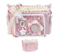 Monetais Ita Bag, Bolso de Pasador Japonés de Nailon con Volantes de Encaje Kawaii con Pantalla Transparente Lateral y Frontal Correas Ajustables Y2k Lindo Bolso Mensajero para Niñas, Estilo 1 Pin
