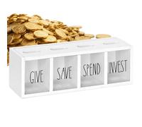 Money Bank - 4-Compartment Clear Wooden - 32x10.7cm/12.6x4.21 Inches Kids Coin Bank Money Organizer | For Boys Girls Children Home Living Room Nursery School Dorm Desk Table Wall