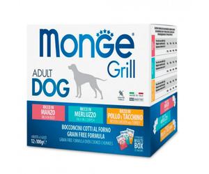 Monge Grill - Alimento en paté para perro adulto - Pack de Pollo y Pavo, Vaca, Bacalao - Cantidad: 12 x 100 g