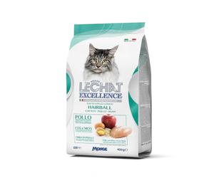 MONGE LE CHAT EXCELLENCE HAIRBALL Alimento seco para gatos adultos que contiene pollo y salmón deshidratados, proteína, fibra y grasas saludables, comida para felinos, para consumo diario, 400 g