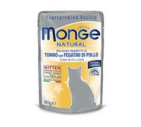 Monge Natural Kitten Tuna with Chicken Leavers, alimento húmedo para Gatitos (alimento húmedo a Base de atún con hígado de Pollo, con Omega-3, Receta, conservantes añadidos, 80 g)