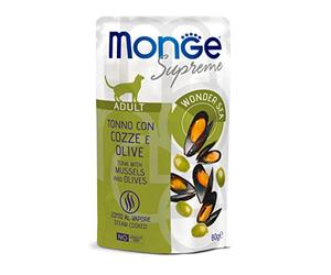 Monge Supreme Adult Tuna with Mussels and Olives - Comida húmeda para Gatos (Comida para Gatos Hecha de atún con mejillones y Aceitunas, Muy Rica en Fibra y vitaminas, 80 g)