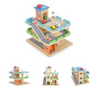 Moni Juguetes niños Garaje de Madera Tres Niveles 25 Piezas 4 Coches 3 Niveles, Color:Multicolor