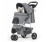 MoNiBloom Cochecito de 3 ruedas para perros y gatos pequeños y medianos, cochecito ligero y plegable con cesta de almacenamiento y soporte para tazas, color gris