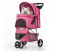 MoNiBloom Cochecito de 3 ruedas para perros y gatos pequeños y medianos, cochecito plegable con cesta de almacenamiento y soporte para tazas, lunares rosa intenso