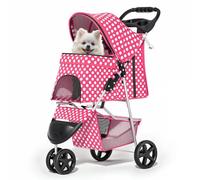 MoNiBloom Cochecito de 3 ruedas para perros y gatos pequeños y medianos, cochecito plegable con cesta de almacenamiento y soporte para tazas, lunares rosa intenso