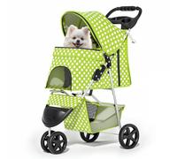 MoNiBloom Cochecito de 3 ruedas para perros y gatos pequeños y medianos, cochecito plegable con cesta de almacenamiento y soporte para tazas, lunares verdes césped