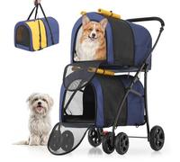 MoNiBloom Cochecito doble para perros con bolsas de transporte desmontables, grande, 4 ruedas, plegable, para perros pequeños y medianos, color azul marino/amarillo