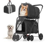 MoNiBloom Cochecito doble para perros con bolsas de transporte extraíbles, 4 ruedas, plegable para perros y gatos pequeños y medianos, negro/gris