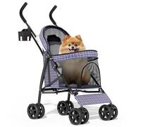 MoNiBloom Cochecito para mascotas de 4 ruedas, fácil de plegar con forma de paraguas para perros y gatos con bolsa de almacenamiento y malla visible para perros pequeños/medianos y gatos, a cuadros