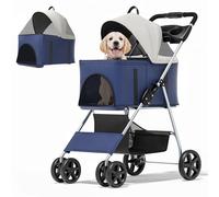 MoNiBloom Cochecito plegable 3 en 1 para perros pequeños y medianos, transportador desmontable, asiento de coche, entrada de botón, 4 ruedas para mascotas de hasta 33 libras, azul marino