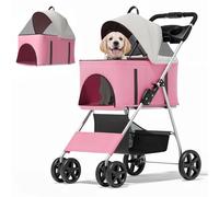MoNiBloom Cochecito plegable 3 en 1 para perros pequeños y medianos, transportador desmontable, asiento de coche, entrada de botón, 4 ruedas para mascotas de hasta 33 libras, color rosa