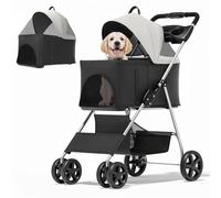 MoNiBloom Cochecito plegable 3 en 1 para perros pequeños y medianos, transportador desmontable, asiento de coche, entrada de botón, 4 ruedas para mascotas de hasta 33 libras, color negro