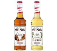 MONIN - Jarabe de caramelo surtido y jarabe de vainilla para café, capuchino, café con leche y chocolate caliente - Sabores naturales - 2 x 70 cl