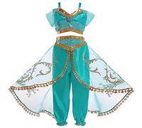 Monissy Disfraces para Niños Princesa Jasmine Vestido Niña Aladdin con Lentejuela Carnaval Cosplay Navidad Set de Princesa Disfraz Peluca Cumpleaños Danza de Vientre,Verde,150