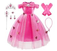 Monissy Disfraz de Reina de las Nieves Princesa Elsa Vestido de Varios Niveles Encaje Azul Manga Larga Tul Brillante Mariposa Tiara Peluca Guante Varita Disfraz Halloween,Rosa 2,130