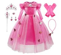Monissy Disfraz de Reina de las Nieves Princesa Vestido de Varios Niveles Encaje Azul Manga Larga Tul Brillante Mariposa Tiara Peluca Guante Varita Disfraz Halloween,Rosa,110
