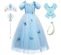 Monissy Disfraz de Reina de las Nieves Princesa Vestido de Varios Niveles Encaje Azul Manga Larga Tul Brillante Mariposa Tiara Peluca Guante Varita Disfraz Halloween,Azul 2,140