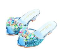 Monissy Frozen Princess Elsa Mules Zapatilla de tacón Alto Lentejuelas de Boca de pez Dos Lazos de Cuero Cuentas de Colores con Incrustaciones de Cristal Zapatos de Navidad para niña，Azul,31