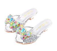 Monissy Frozen Princess Elsa Mules Zapatilla de tacón Alto Lentejuelas de Boca de pez Dos Lazos de Cuero Cuentas de Colores con Incrustaciones de Cristal Zapatos de Navidad para niña,Plateado,36