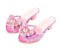 Monissy Frozen Princess Elsa Mules Zapatilla de tacón Alto Lentejuelas de Boca de pez Dos Lazos de Cuero Cuentas de Colores con Incrustaciones de Cristal Zapatos de Navidad para niña,Rosa,29