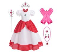 Monissy Niña Costume Super Mario Princesa Peach Disfraz 3-8 Años Varita Mágica Diadema Regalo Cumpleaños Reyes Vestido para Cosplay Navidad Fiesta Carnaval Manga Corta,Blanco,130