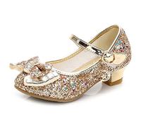 Monissy Niña Tacón Altos Zapatos de Disfraz Princesa Lazo Antideslizante Sandalias de Vestir Navidad Cumpleaños Regalo Diario Mary Jane,Dorado,29 EU