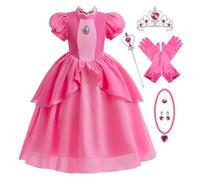 Monissy Niña Vestido Princesa Peach Disfraces para Niños Super Mario Accesorios 6 Piezas Regalo Navidad Costume para Halloween Corona Varita Mágica Collar Reyes Carnaval Cosplay,Rosa,130