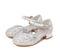 Monissy Niña Zapatos de Princesa Elsa Tacón Altos Zapatos de Vestir Navidad Cumpleaños Regalo Fiesta Mary Jane Bailarinas Punta Cerrada con Lentejuelas Reyes Antideslizante,Plateado,24 EU