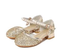 Monissy Niña Zapatos de Princesa Elsa Tacón Altos Zapatos de Vestir Navidad Cumpleaños Regalo Fiesta Mary Jane Bailarinas Punta Cerrada con Lentejuelas Reyes Antideslizante,Oro,28 EU