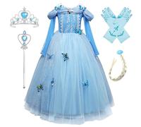Monissy Princesa Elsa Disfraz de Reina de las Nieves Vestido de Varios Niveles Encaje Azul Manga Larga Tul Brillante Mariposa Tiara Peluca Guante Varita Disfraz Halloween,Azul,140