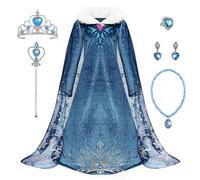 Monissy Reyna de Nieve Princesa Elsa Cosplay Vestido Niña Azul Terciopelo Manga Larga Capa Tul Hielo Nieve Estampado Asimétrico Frozenn Traje Boda Cumpleaños Canarval,Azul,140