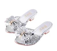 Monissy Tacón Alto Sandalia Mulas Plata Boca De Pez Lentejuelas Lazos De Metal con Incrustaciones De Cristal Perla Niña Princesa De Fantasía Zapatos De Baile Navidad Halloween,Plateado,37