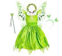 Monissy Vestido Niña Tinkerbell Disfraces para Niños Corona Varita Mágica Guantes Collar Cosplay Costume Navidad Halloween Carnaval Regalo Cumpleaños Fiesta Chica Traje,Verde,130