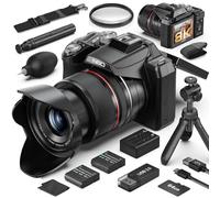 Monitech Cámaras digitales de 8K y 64MP para fotografía, zoom óptico de 16X, pantalla abatible de 180°, tarjeta de 64 GB y 2 baterías, cámara de vlogging para YouTube (negro)