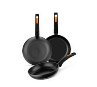 MONIX Fuego | Set 3 sartenes 18-22-26 cm, aluminio forjado, antiadherente bicapa, sin PFOA, mango baquelita, apta para todo tipo de cocinas incluida inducción