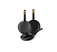 MONIX Fuego | Set 3 sartenes 18-22-26 cm, aluminio forjado, antiadherente bicapa, sin PFOA, mango baquelita, apta para todo tipo de cocinas incluida inducción