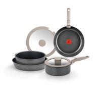 MONIX One Click Pietra | Batería 8 piezas apilable con Thermonix | Aluminio Forjado con Antiadherente, Mango Desmontable, Apta para todo tipo de Cocinas, Apilable para ahorro de Espacio
