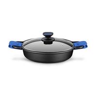 MONIX Solid+ Cacerola Baja, Tapa de Cristal y Asas de Silicona, 2 litros, Aluminio Fundido, Negro y Azul, 24 cm