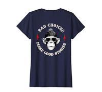 Monkey Bad Choices Make Good Stories (en la Parte Posterior) Camiseta, Mujer, Azul Marino, M