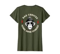 Monkey Bad Choices Make Good Stories (en la Parte Posterior) Camiseta, Mujer, Verde Oliva, XS