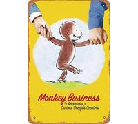 Monkey Business: The Adventures of Curious George's Creators - Póster de película retro de metal para pared del hogar, letrero de metal para pared, cueva, bar, club, letrero de metal de lata de 8 x 12